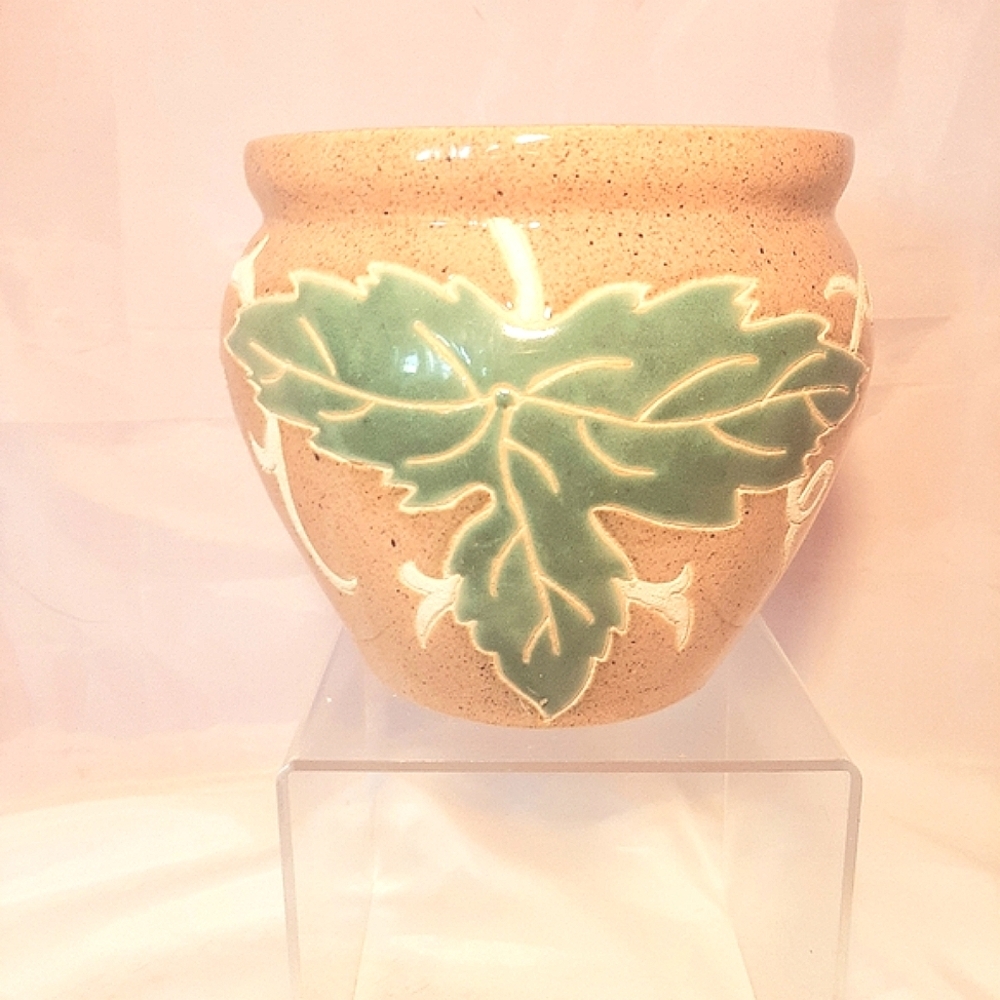 Signed Art Pottery Vase/Planter. Relief Textured Grapes/Leaves. Speckled Glaze
